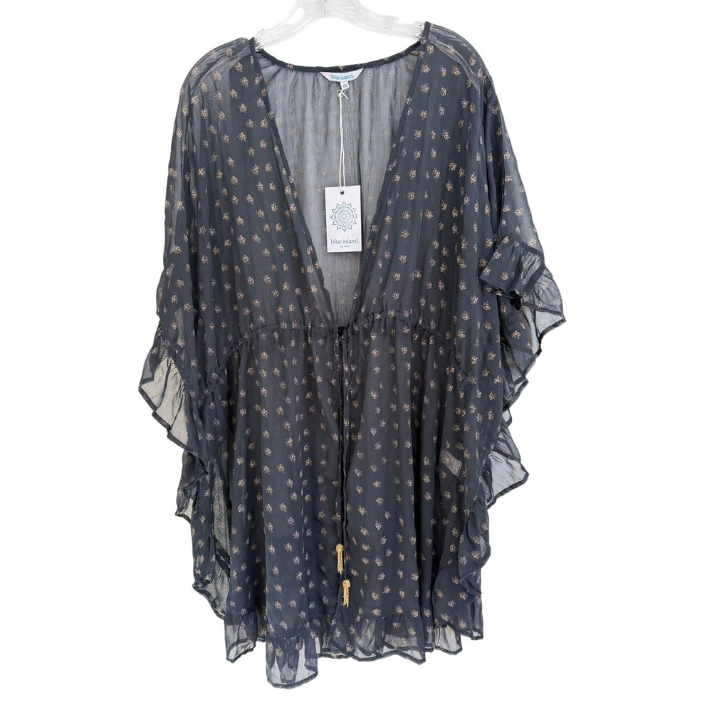Blue Island Beach Black Gold Foil Dot Kaftan Cover Up Tassel 2X 7007X-628 NWT